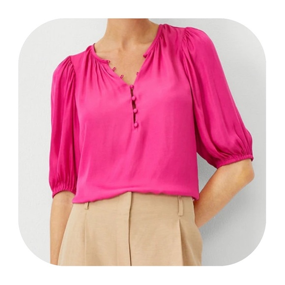 Ann Taylor Tops - Ann Taylor XL pink puff sleeve satin blouse